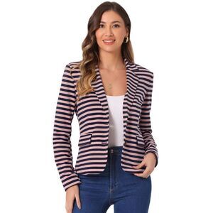 Notched Lapel Pocket Button Closure Striped Blazer Navy Pink